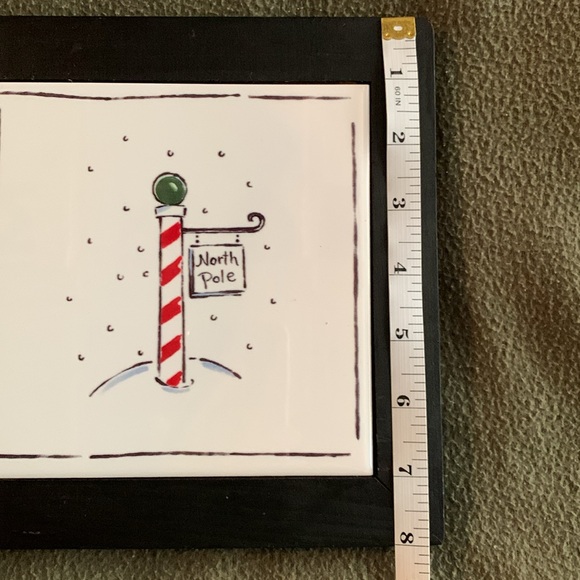 Unique Ceramic North Pole plaque in wooden frame. Trivet or hanging. 8” x 8” - Picture 4 of 5